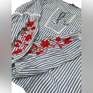 Tommy Hilfiger Red Embroidered Navy Stripe Cotton Blend Nautical Shirt Medium